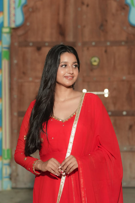 Red Handwork georgette Anarkali