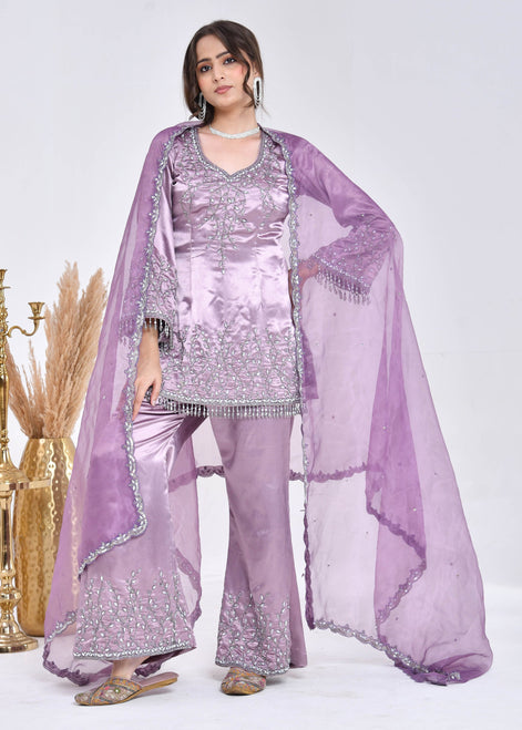 Mauve Hand-Embroidered Satin Sharara Suit