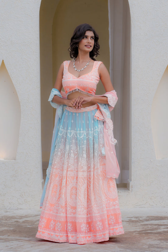 Multicolor Blend Embroidered Georgette Lehenga