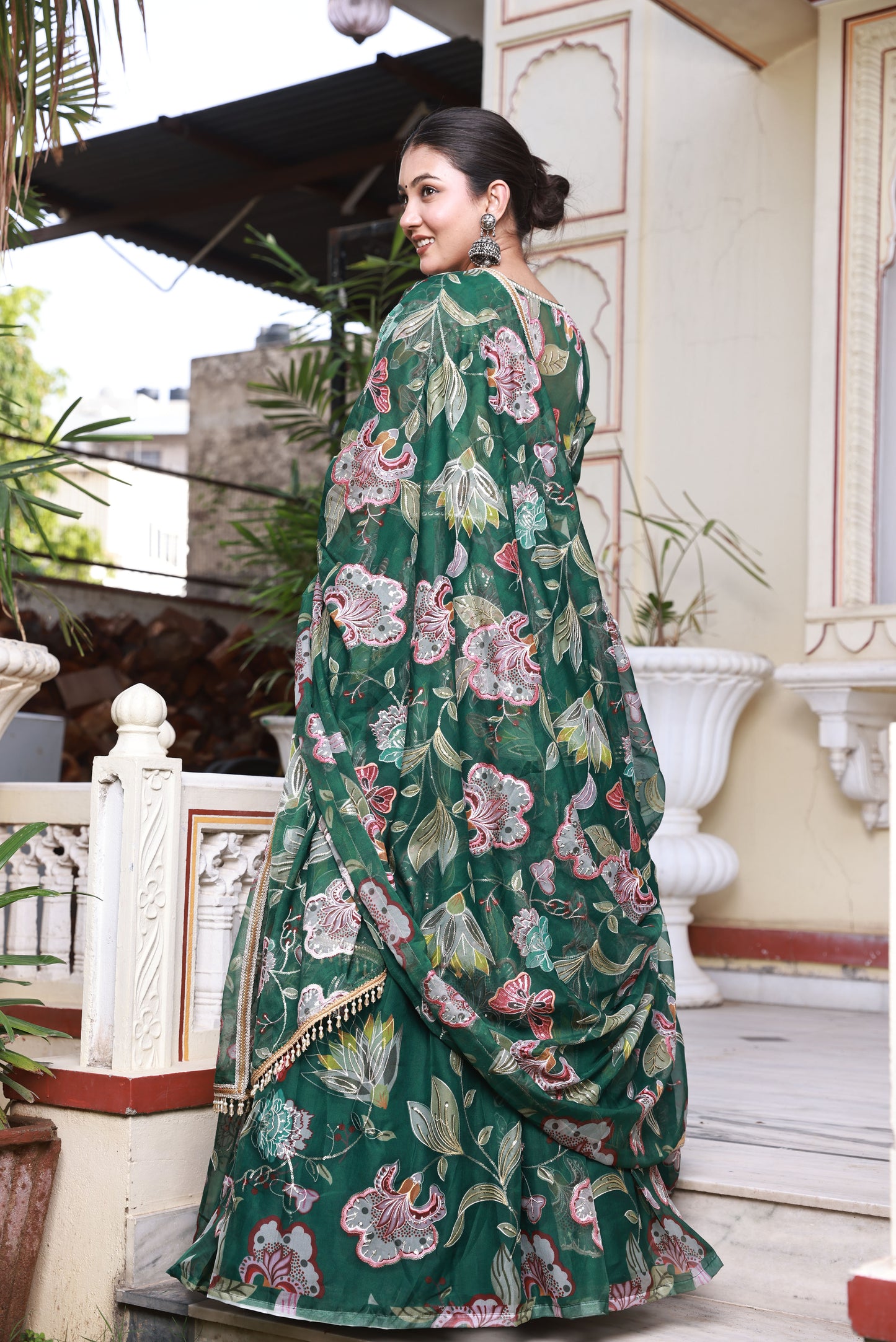 Emerald Green Floral Print Embroidered Organza Lehenga