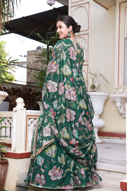 Emerald Green Floral Print Embroidered Organza Lehenga