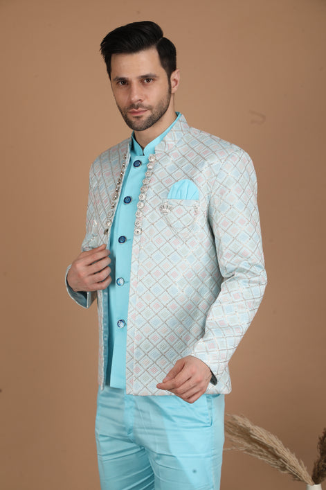 Aqua Blue Silk Indo-Western Suit