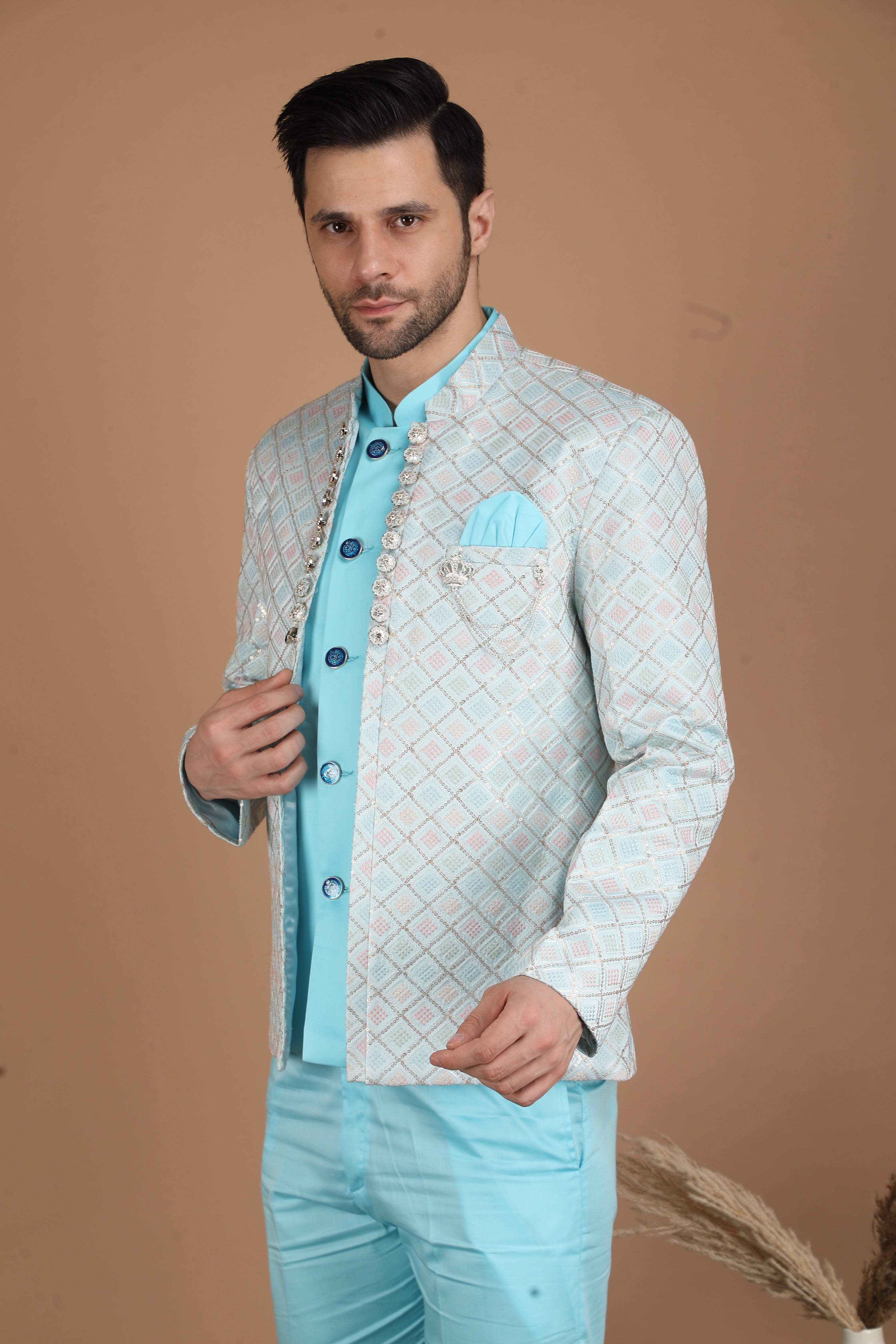 Aqua Blue Silk Indo-Western Suit