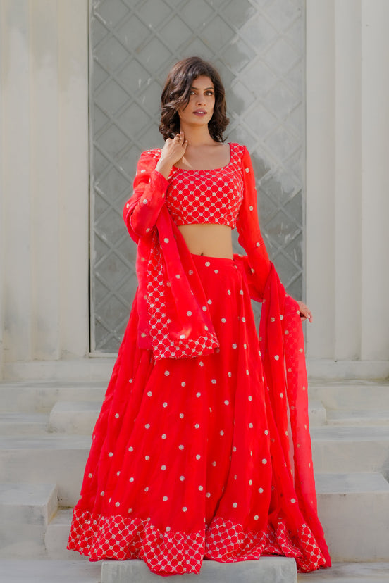 Scarlet Red Embroidered Georgette Lehenga