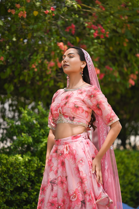 Pink Multicolor Floral Embellished Organza Lehenga