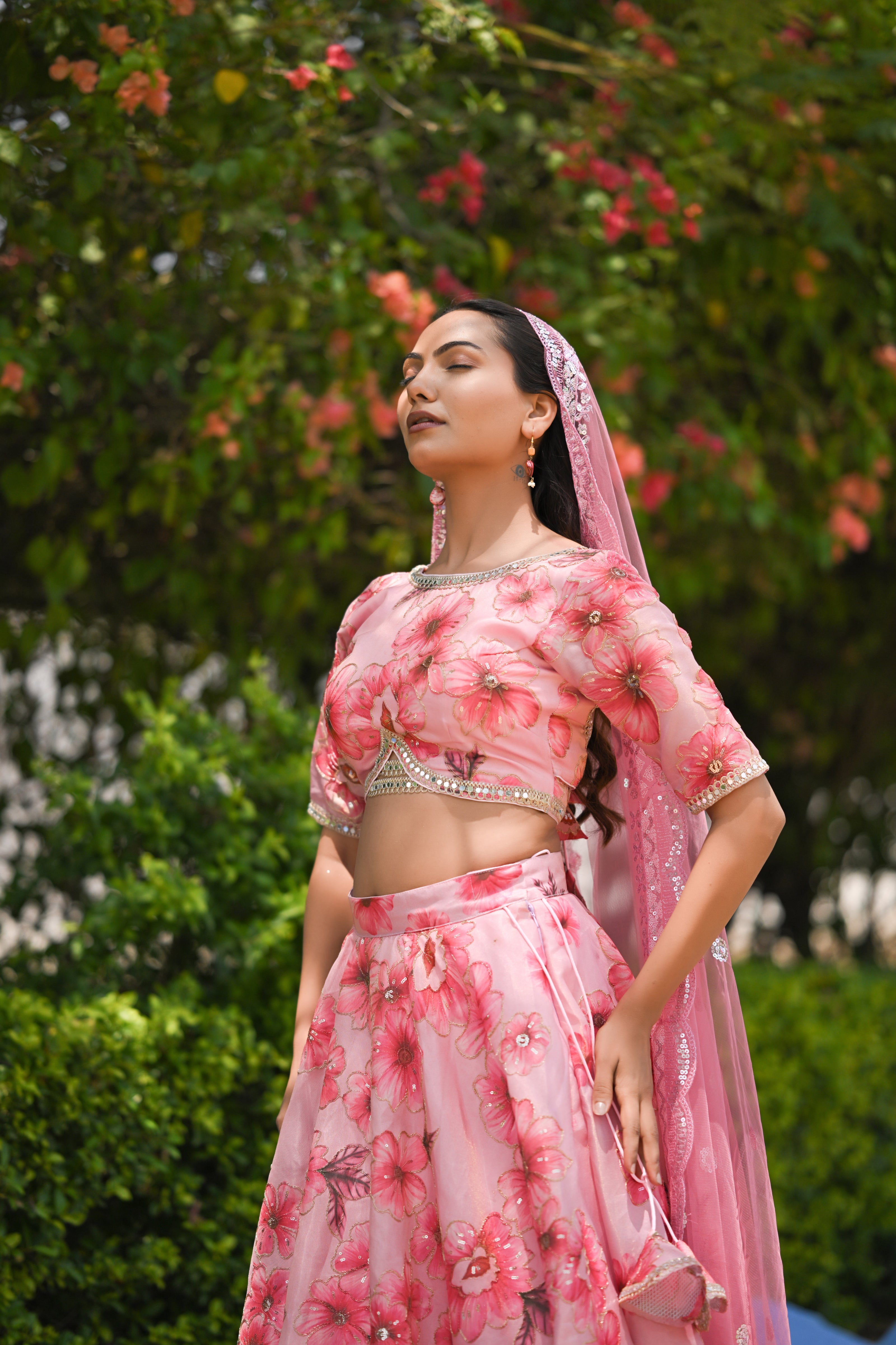Pink Multicolor Floral Embellished Organza Lehenga