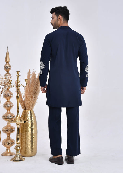 Navy Blue Hand-Embroidered Japanese Satin Kurta Set