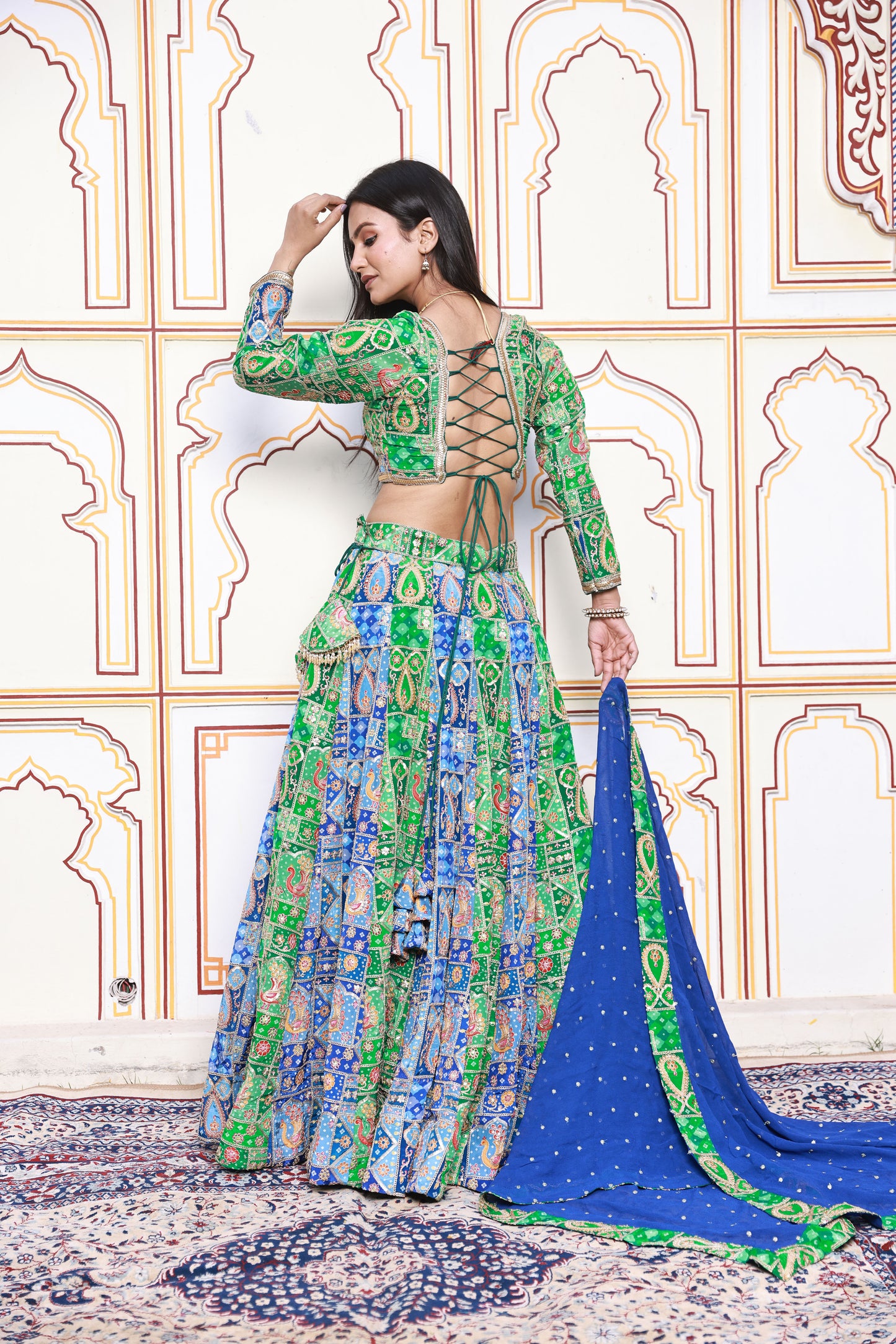 Green and Blue Embroidered Viscose Crepe Lehenga