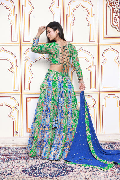 Green and Blue Embroidered Viscose Crepe Lehenga