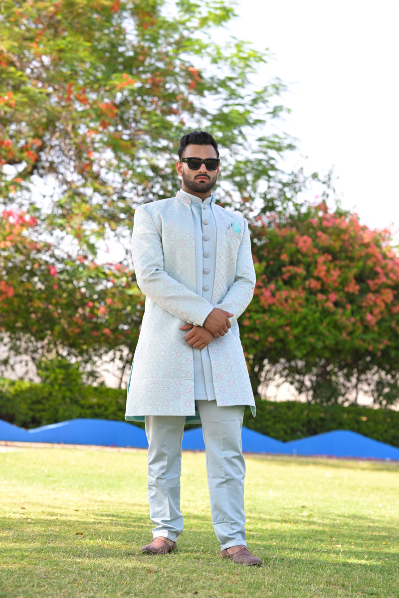 Sky Blue Multicolor Floral Embroidered Sherwani