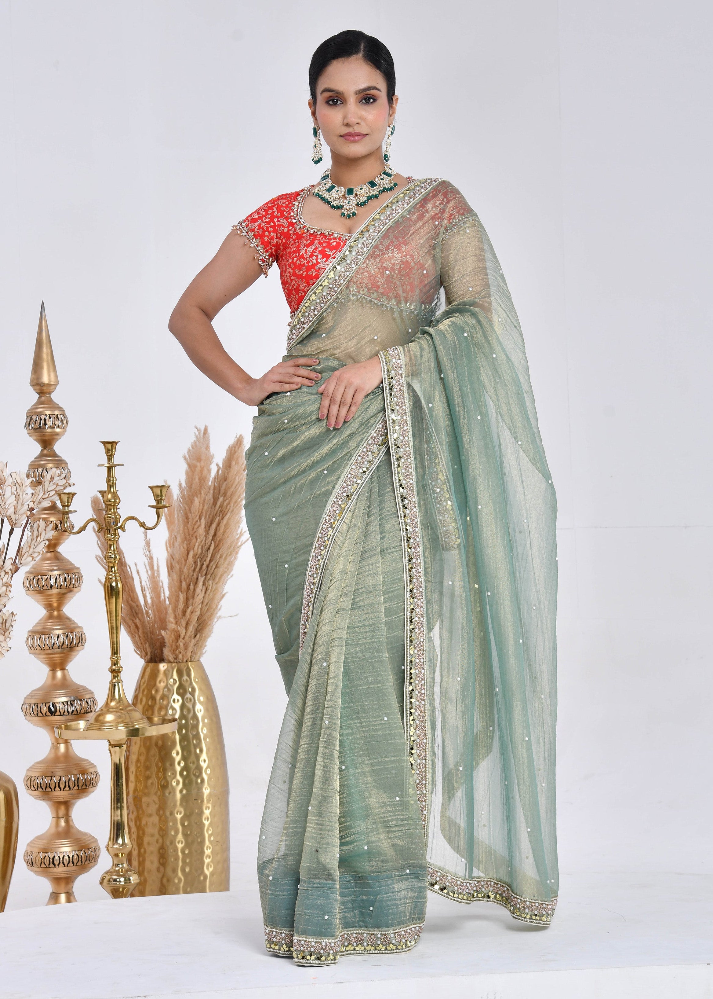 Sage Green Hand-Embroidered Tissue Saree