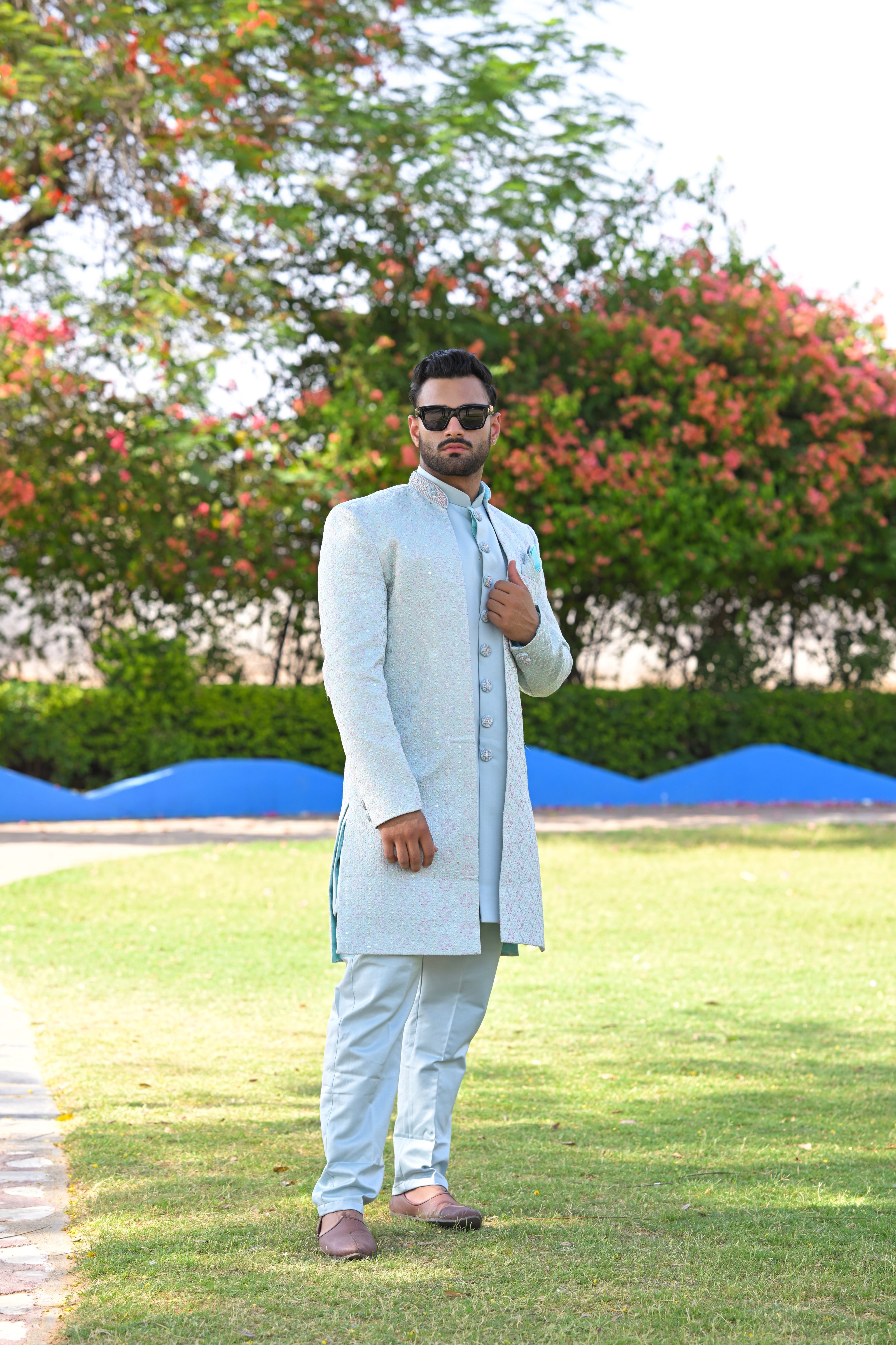 Sky Blue Multicolor Floral Embroidered Sherwani