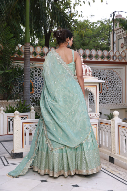 Mint Green Embroidered Raw Silk Lehenga