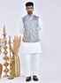 Grey Embroidered Raw Silk Nehru Jacket Set