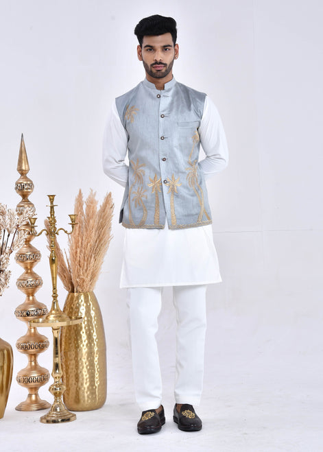 Grey Embroidered Raw Silk Nehru Jacket Set