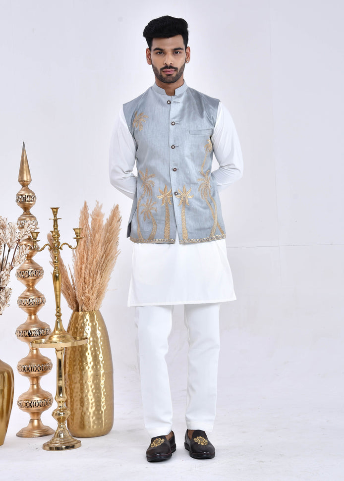 Grey Embroidered Raw Silk Nehru Jacket Set