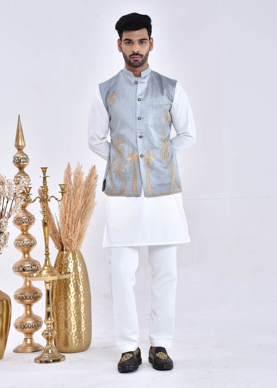 Grey Embroidered Raw Silk Nehru Jacket Set