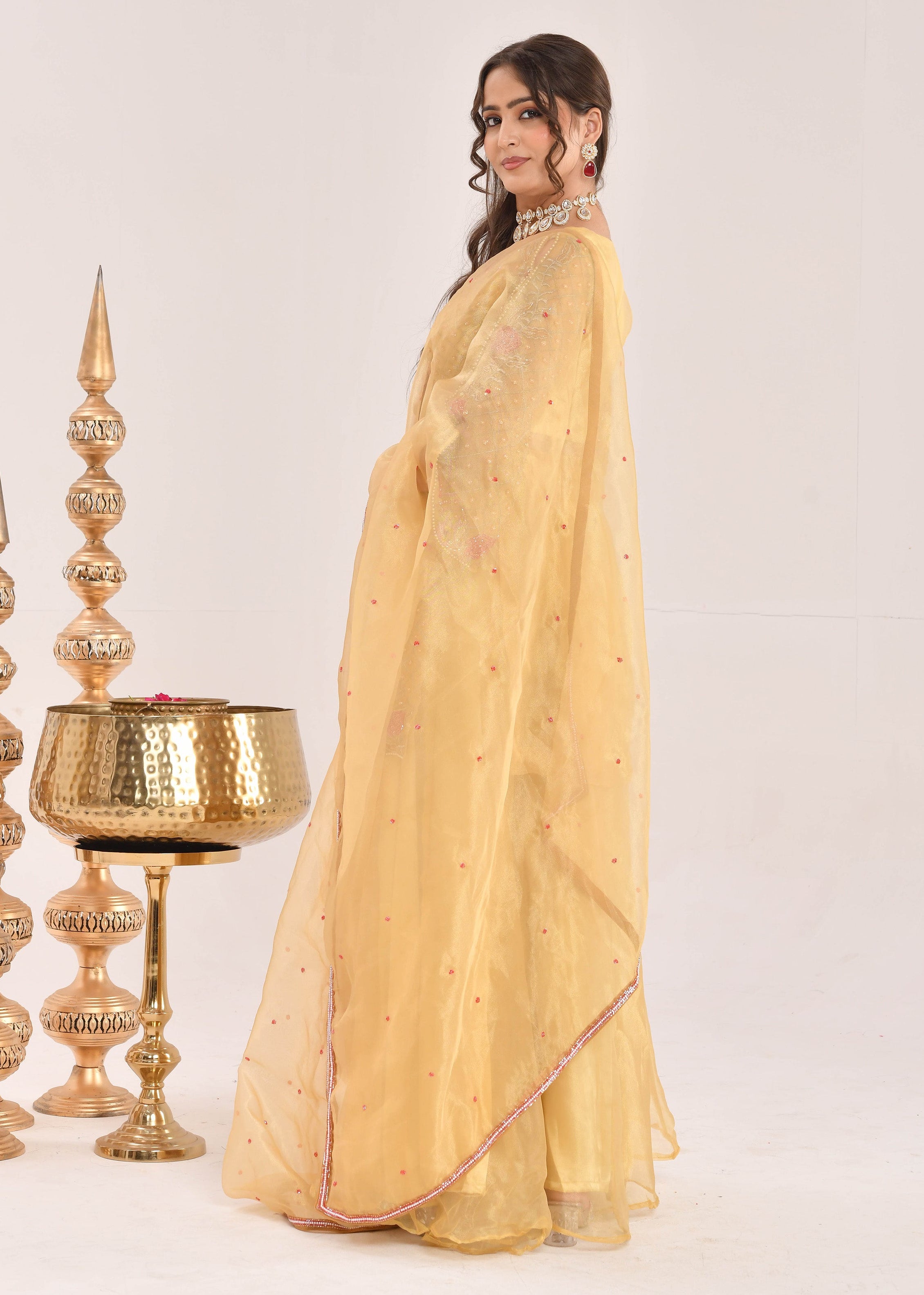 Mustard Yellow Hand-Embroidered Organza Sharara Suit