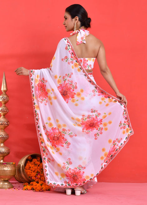 White Floral Hand-Embroidered Georgette Saree