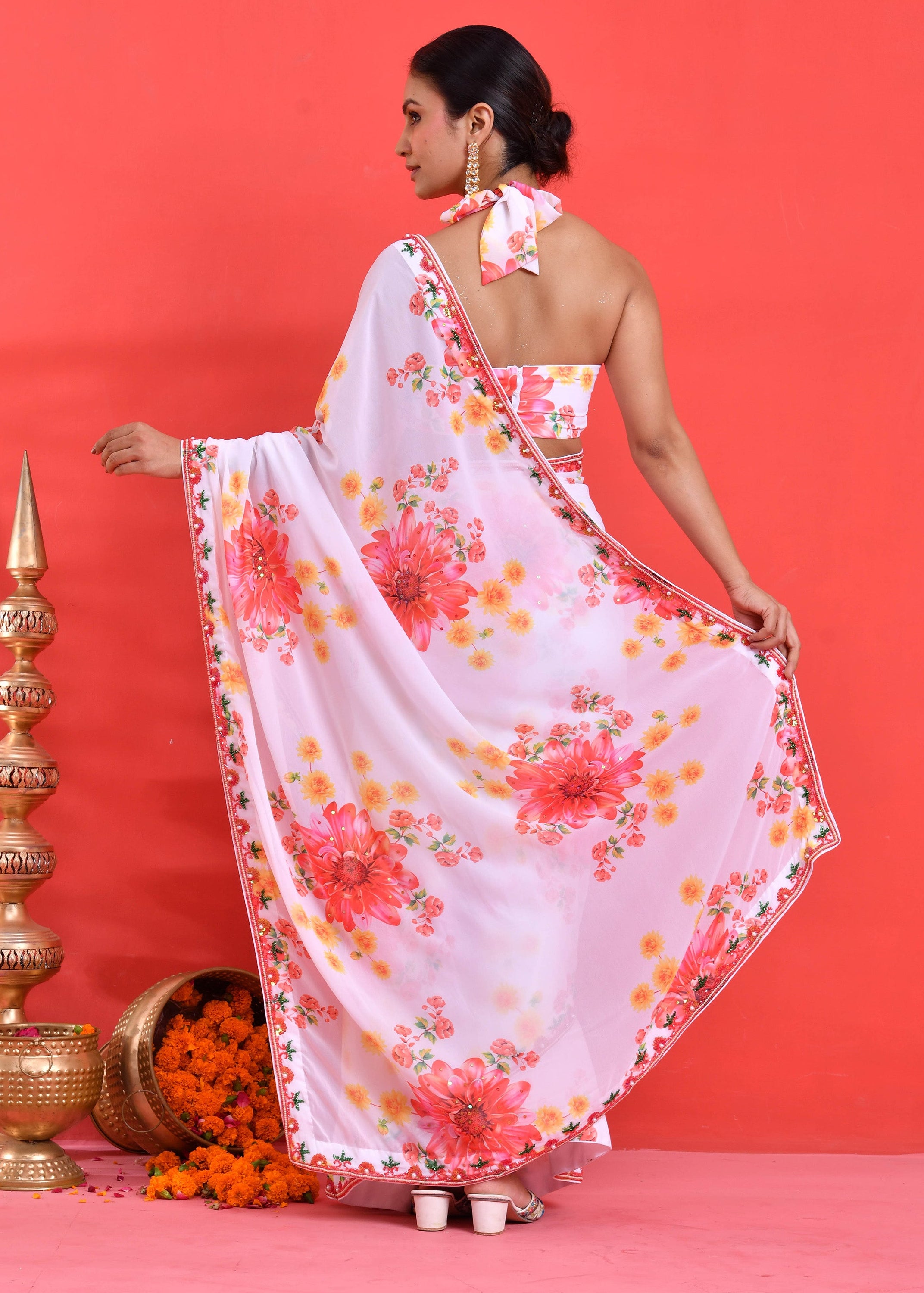 White Floral Hand-Embroidered Georgette Saree