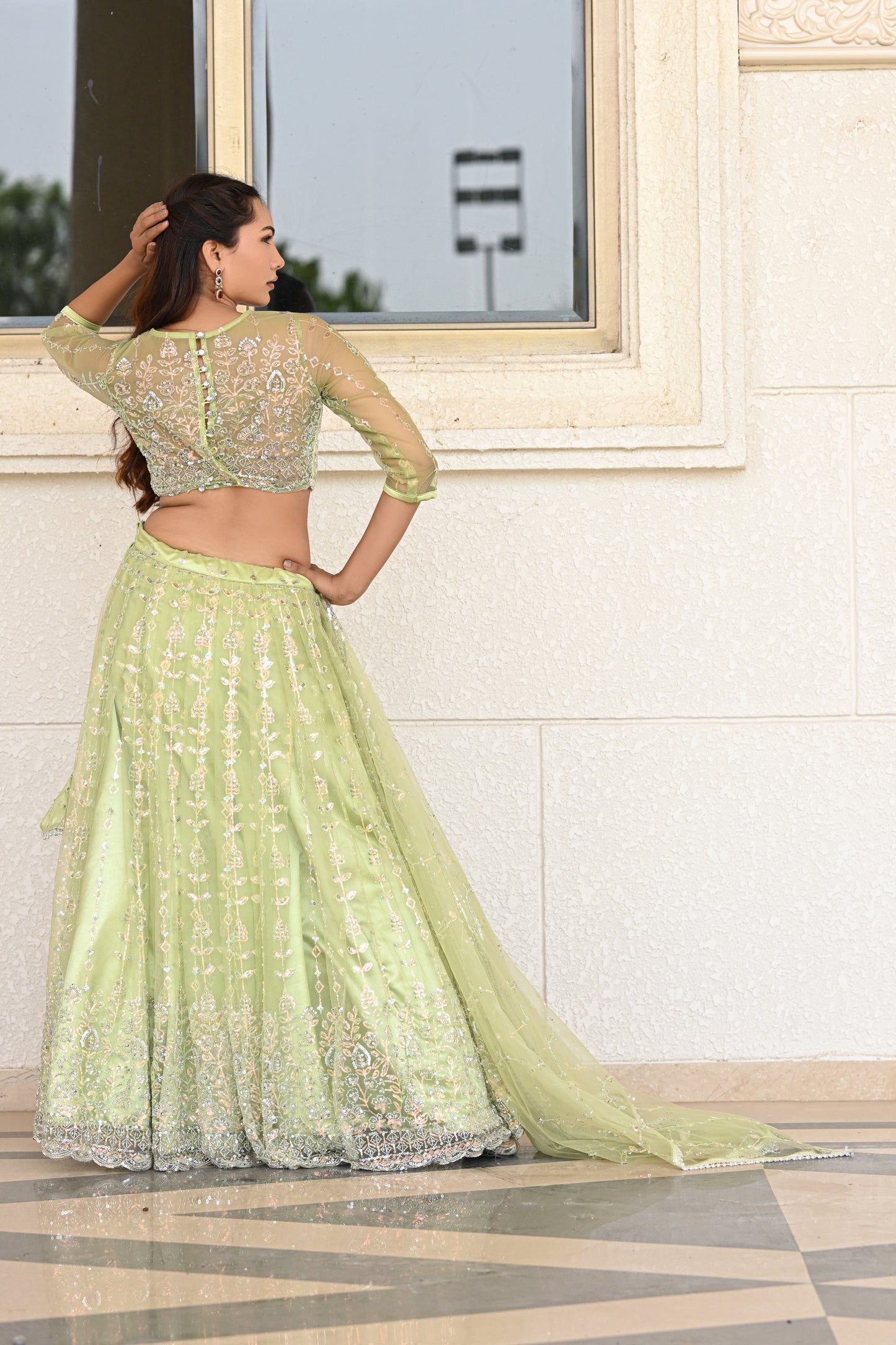 Light Pastel Green Sparkle Embroidered Net Lehenga