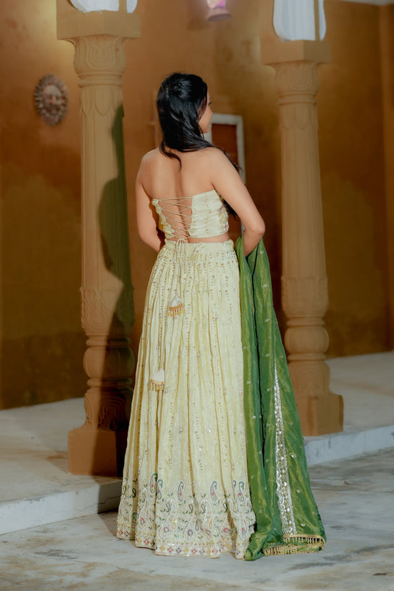 Cream Hand-Embroidered Silk Lehenga