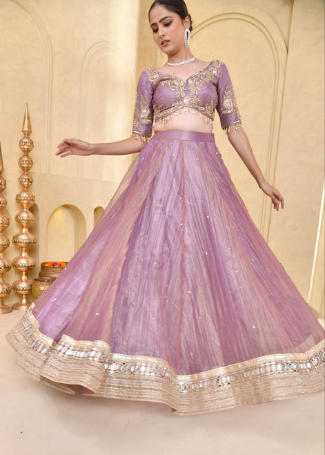Mauve Purple Hand-Embroidered Tissue Lehenga