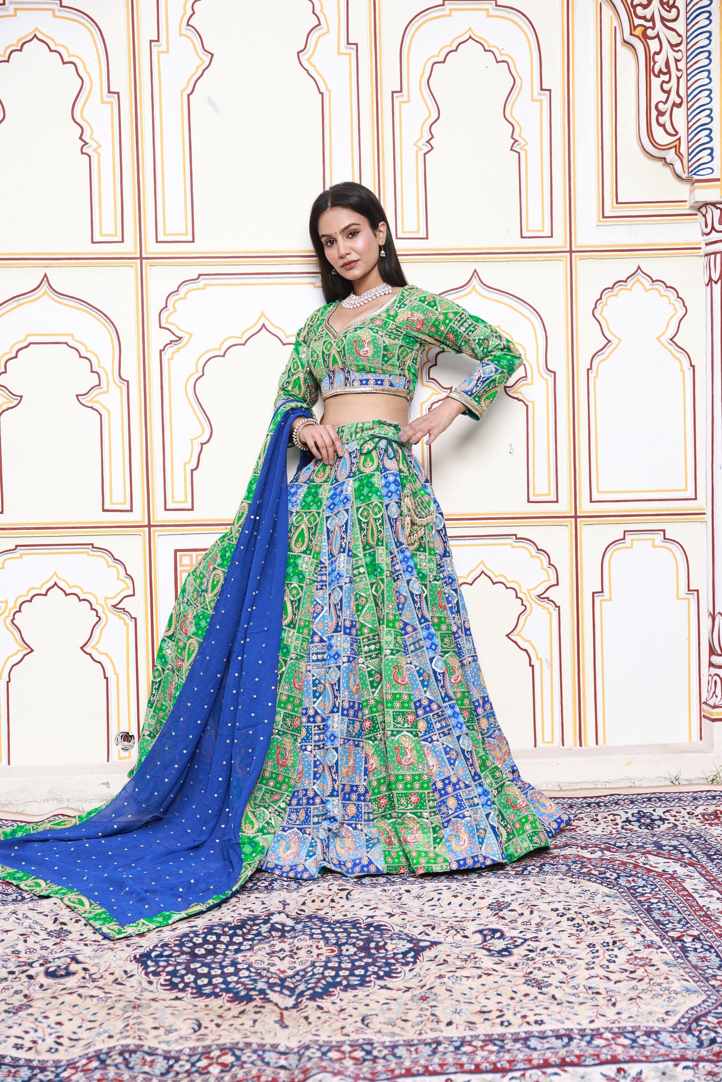 Green and Blue Embroidered Viscose Crepe Lehenga