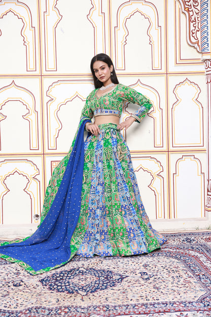 Green and Blue Embroidered Viscose Crepe Lehenga