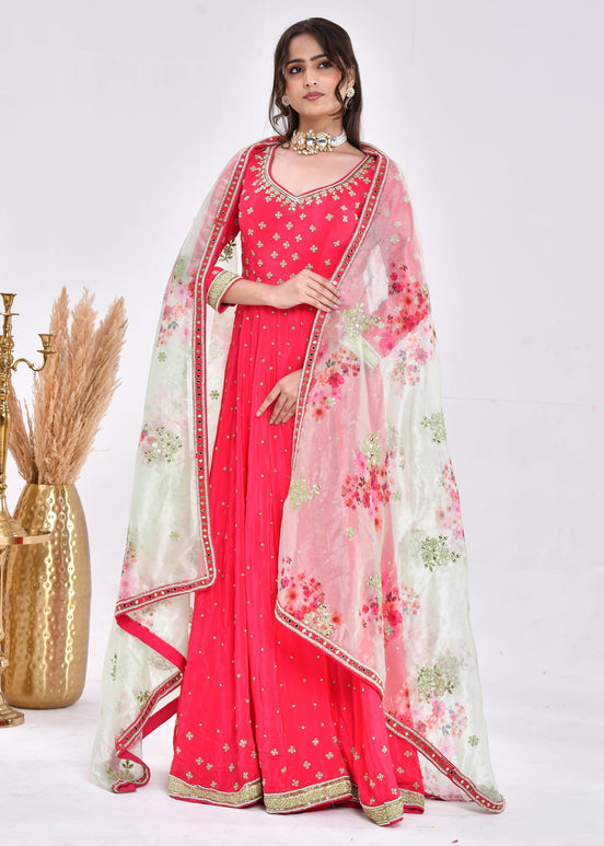Hot Pink Hand-Embroidered Silk Anarkali Suit