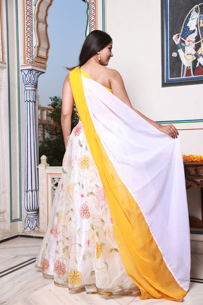 Yellow and White Multicolor Floral Organza Lehenga