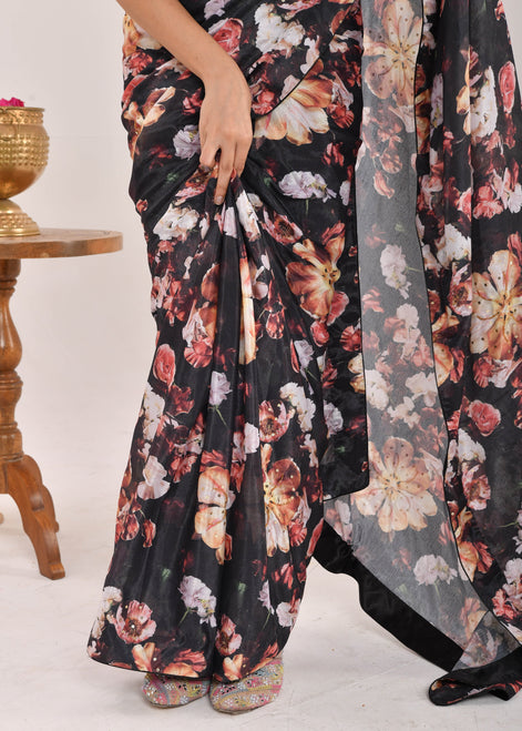 Black Floral Printed Hand-Embroidered Chiffon Saree