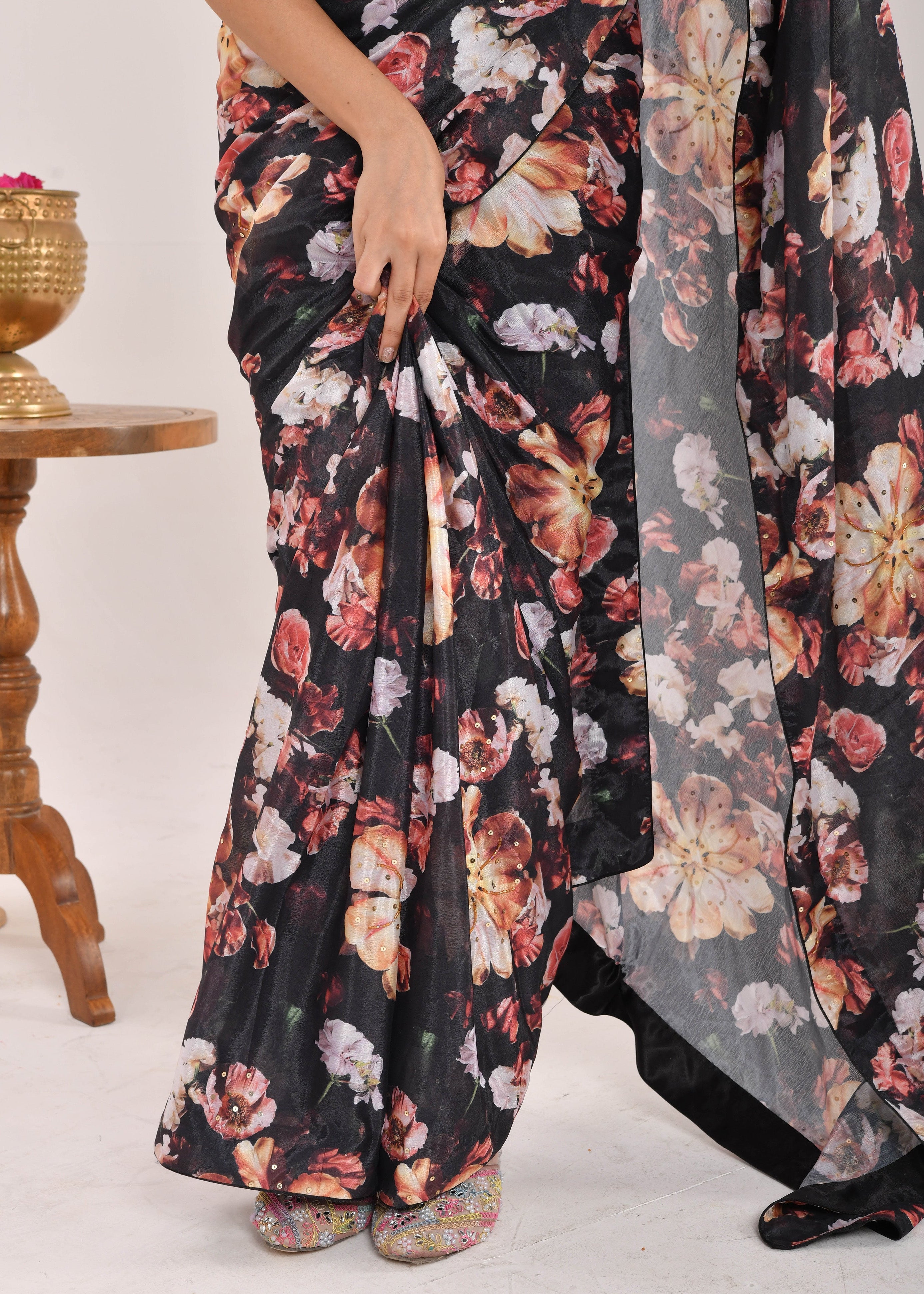Black Floral Printed Hand-Embroidered Chiffon Saree