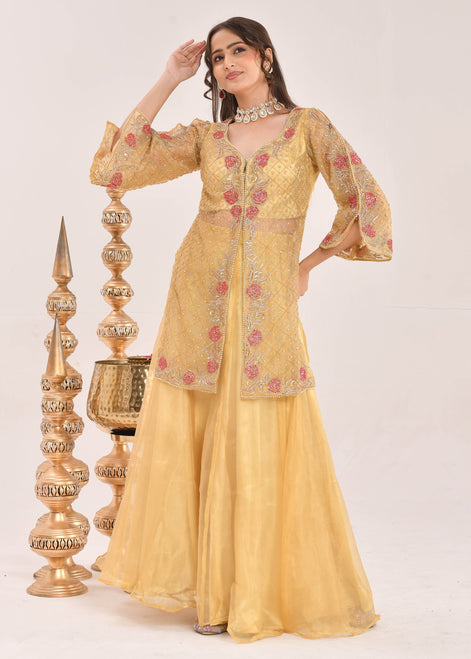 Mustard Yellow Hand-Embroidered Organza Sharara Suit