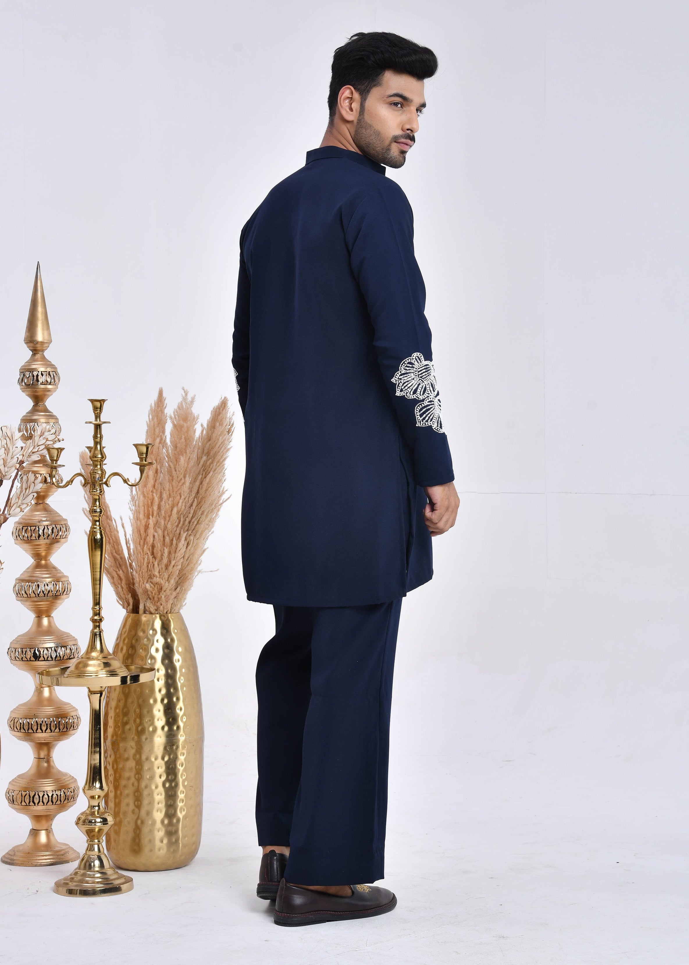 Navy Blue Hand-Embroidered Japanese Satin Kurta Set