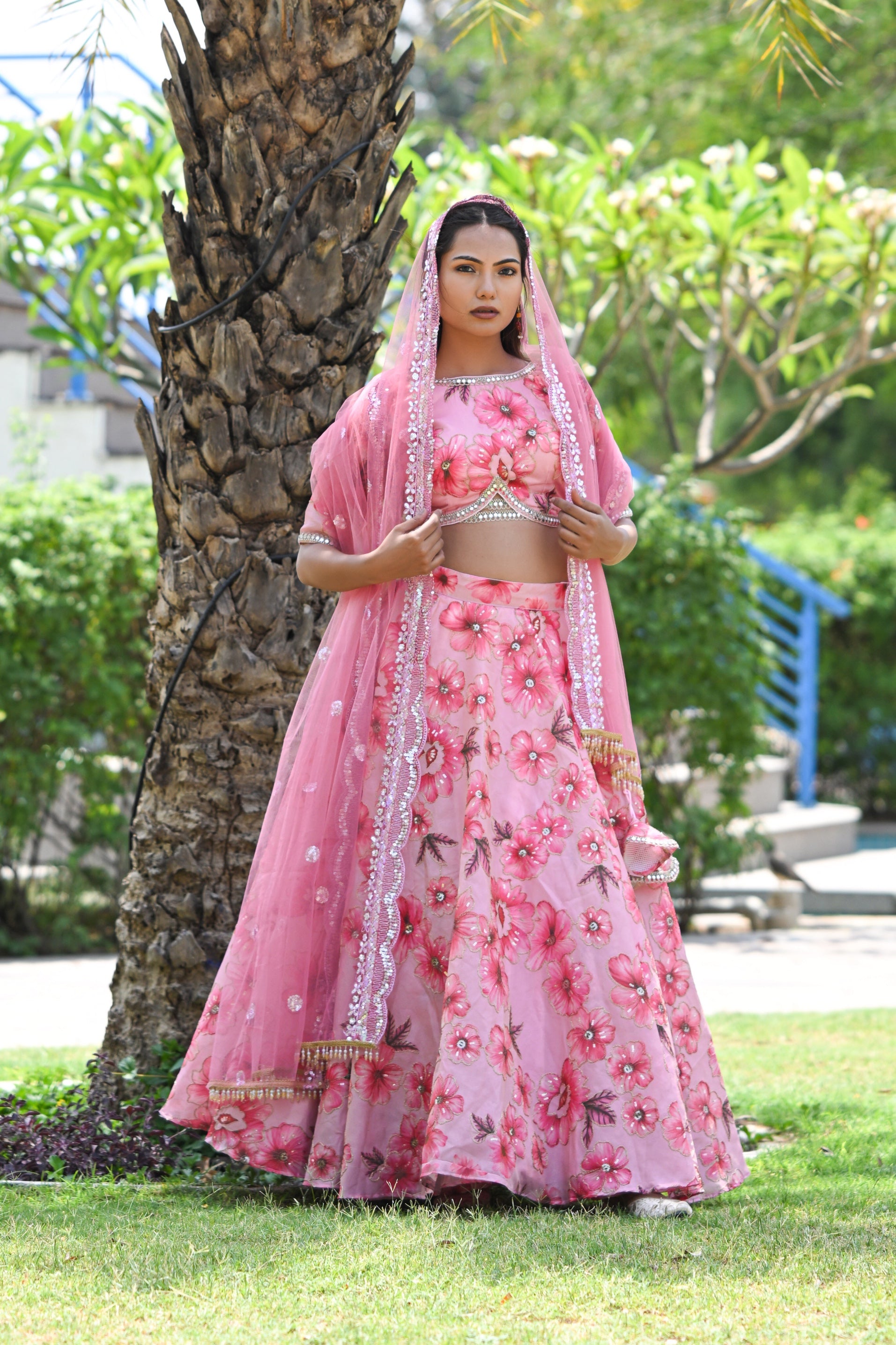 Pink Multicolor Floral Embellished Organza Lehenga