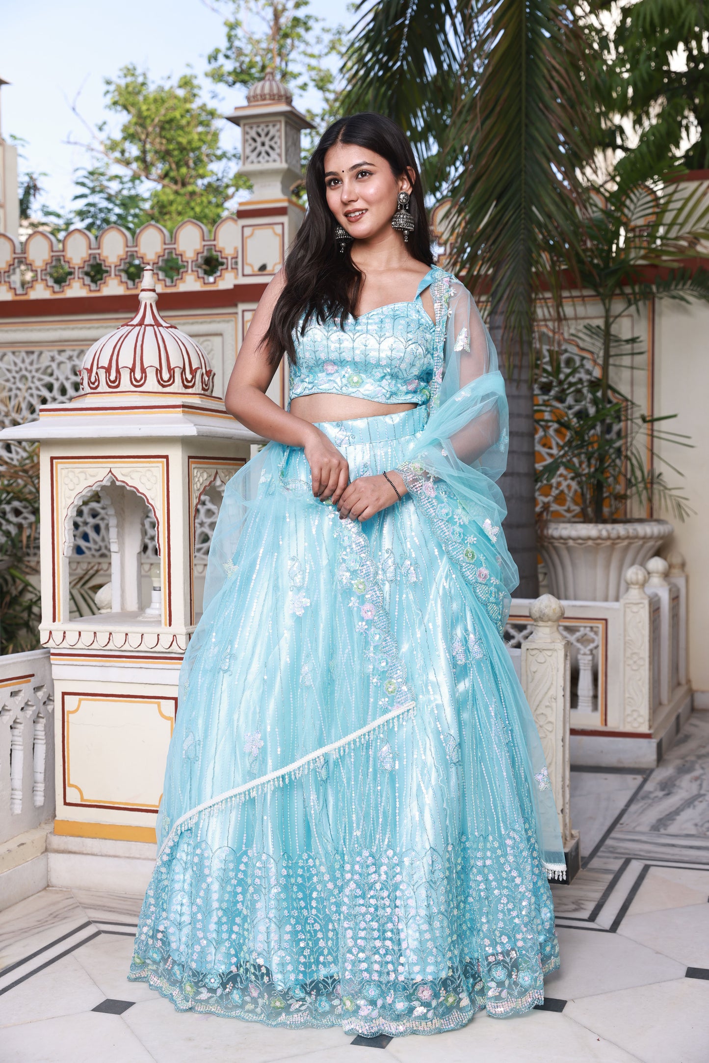 Sky Blue Embroidered Net Lehenga