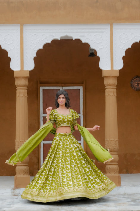 Green Embroidered Banarasi Silk Lehenga