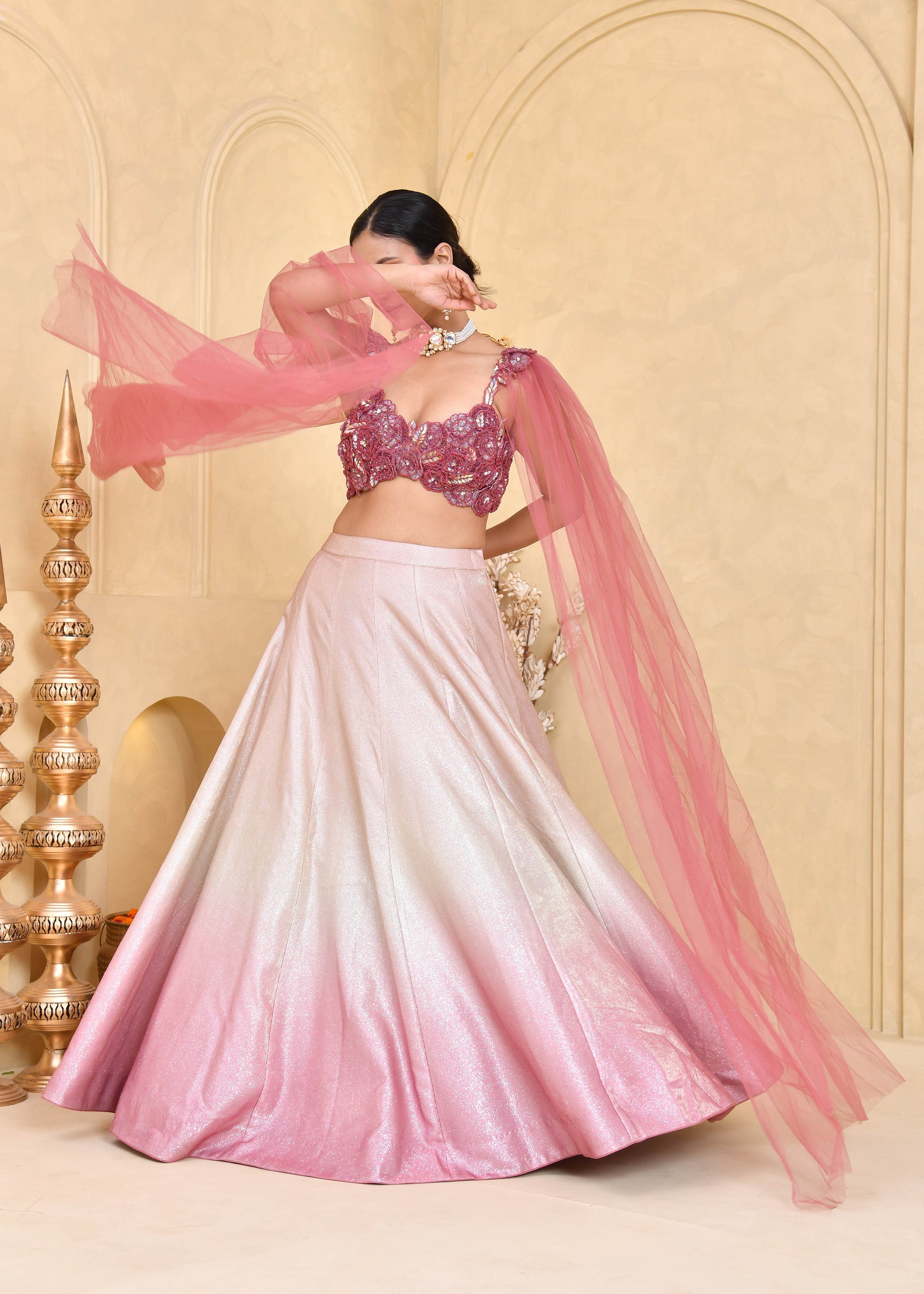 Tricolor Hand-Embroidered Shimmer Lycra Lehenga