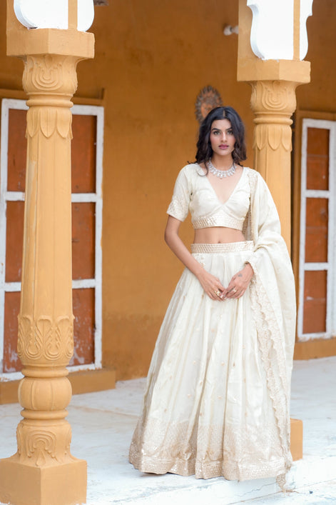 White Embroidered Silk Lehenga