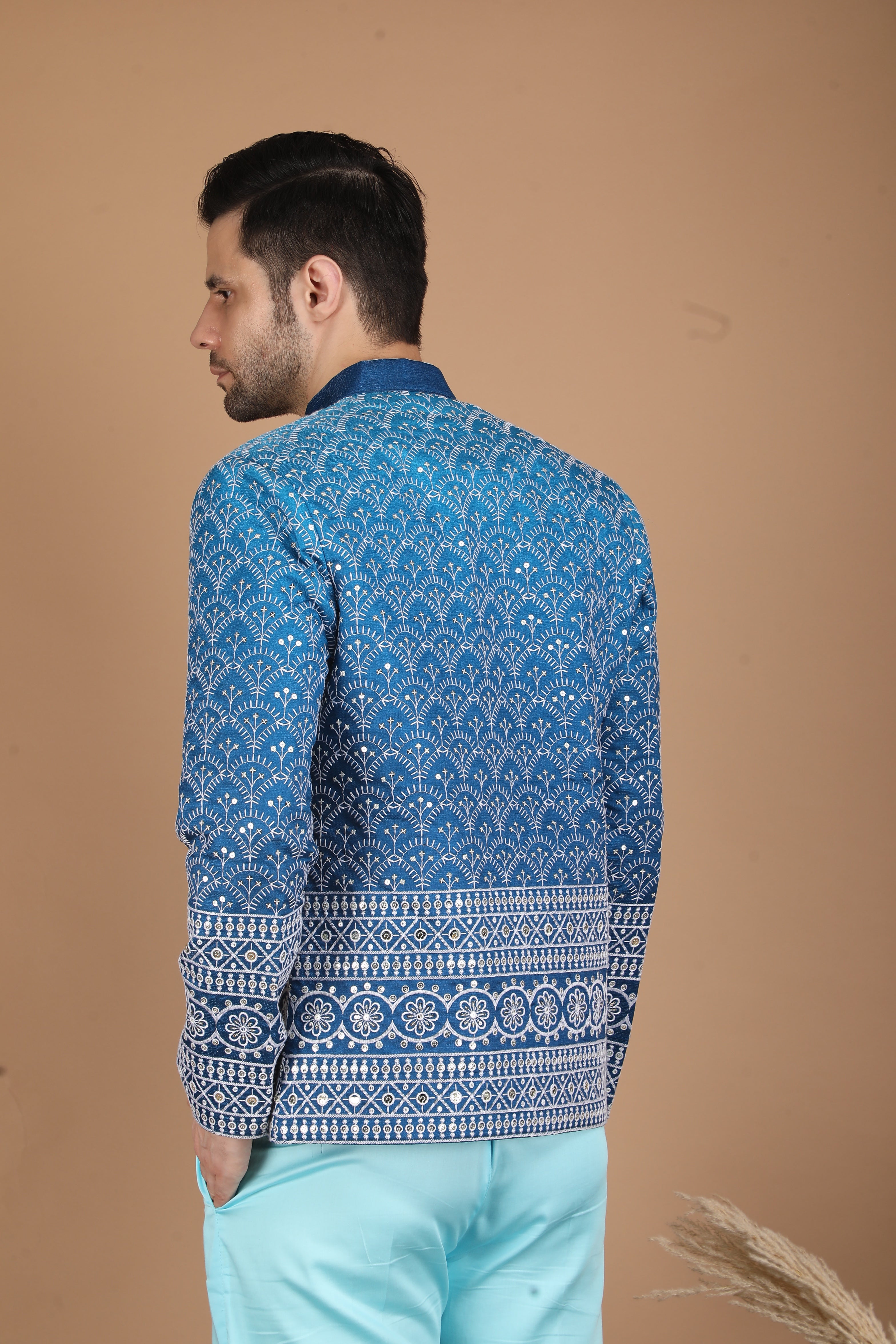 Blue and Aqua Blue Silk Indo-Western Suit