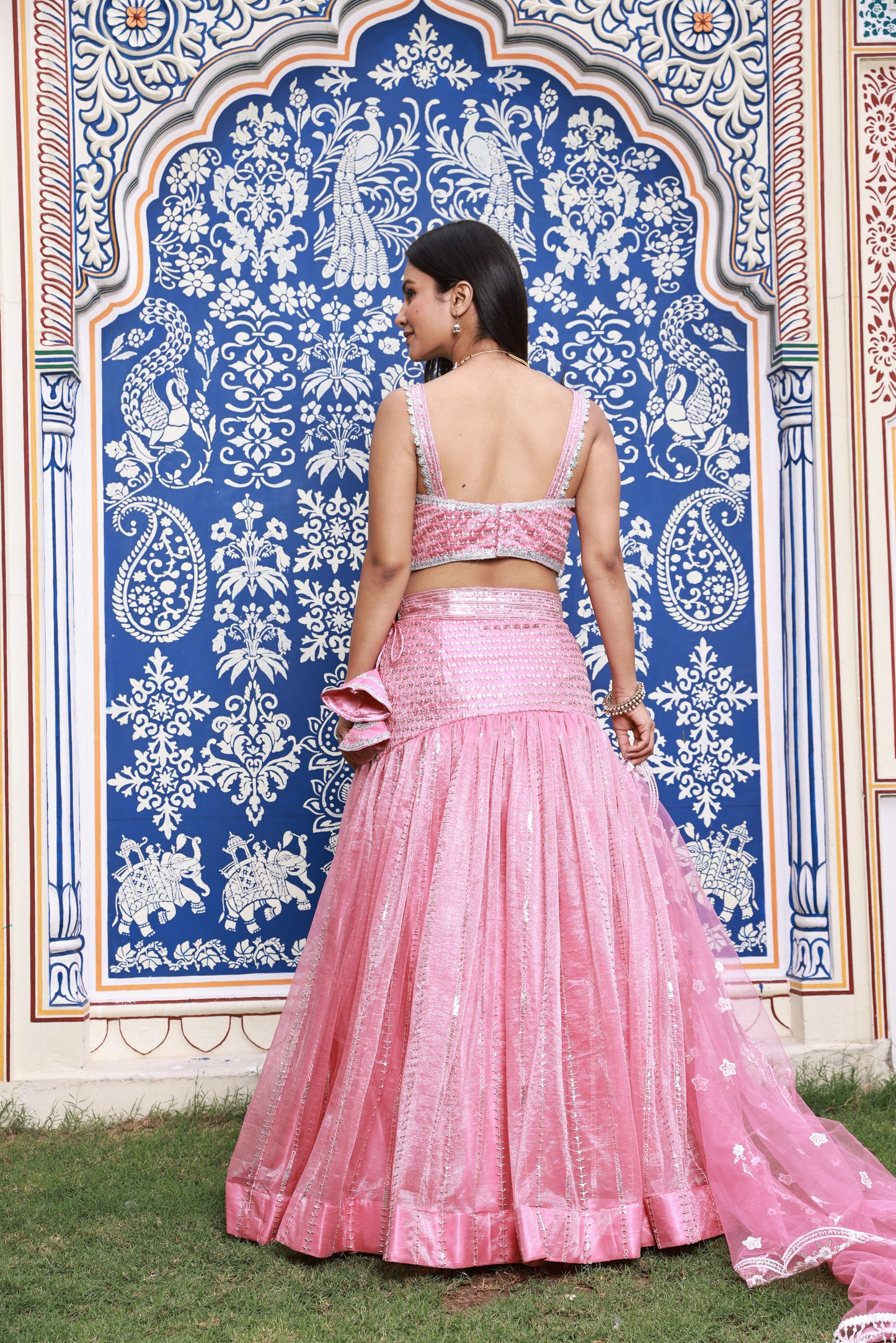 Pink Trumpet-Style Hand-Work Silk Lehenga
