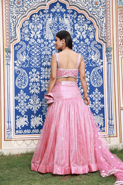Pink Trumpet-Style Hand-Work Silk Lehenga