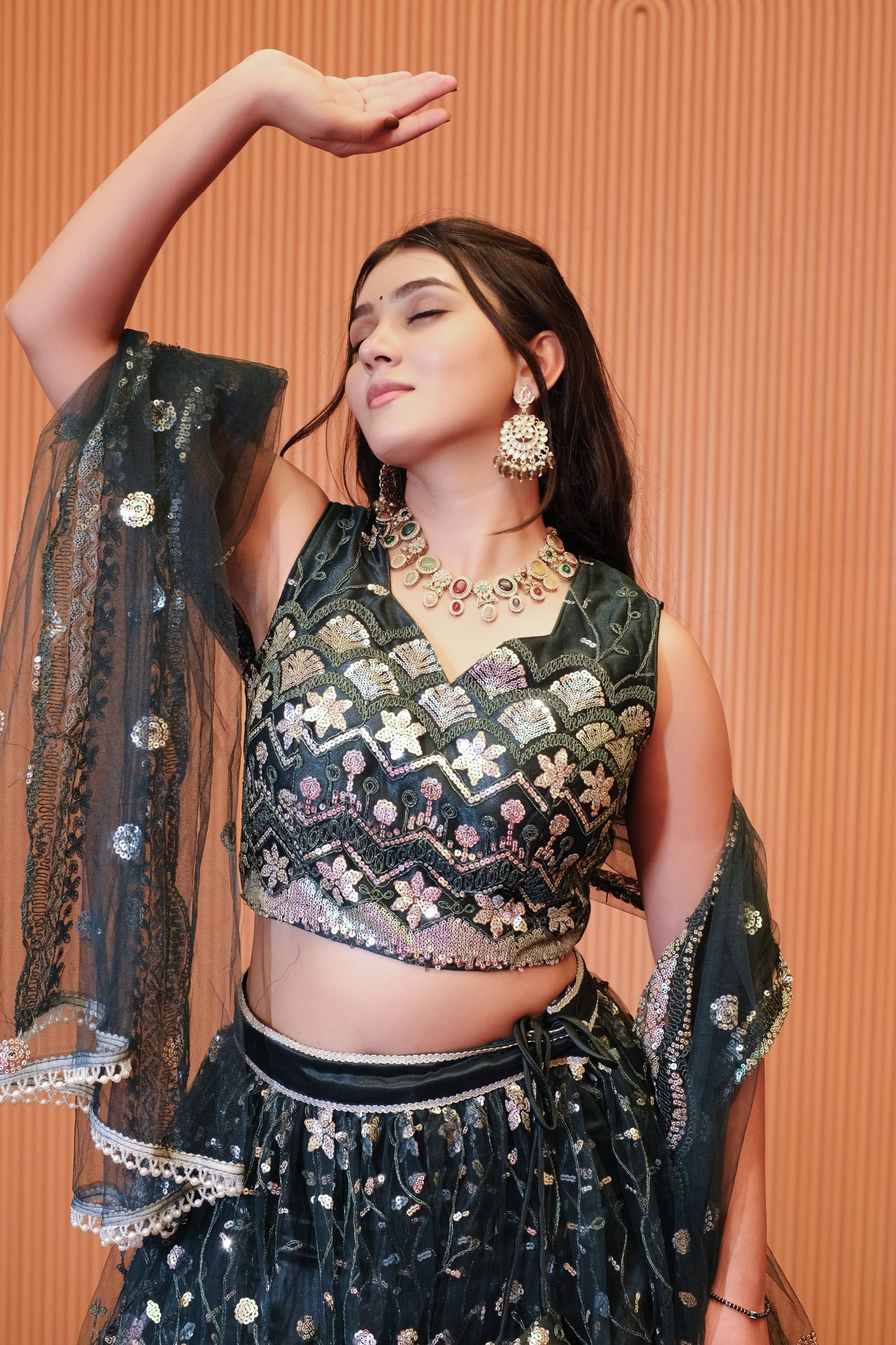 Dark Teal Sparkle Embroidered Net Lehenga