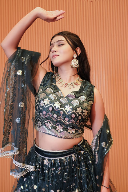 Dark Teal Sparkle Embroidered Net Lehenga