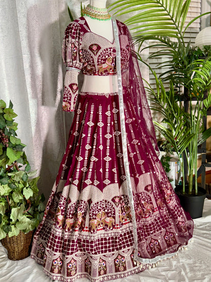 Deep Maroon Pure Georgette Lehenga with Intricate White & Gold Embroidery