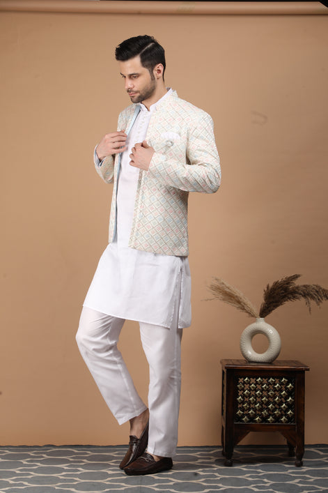 Cream Multicolor Silk Nehru Jacket Set