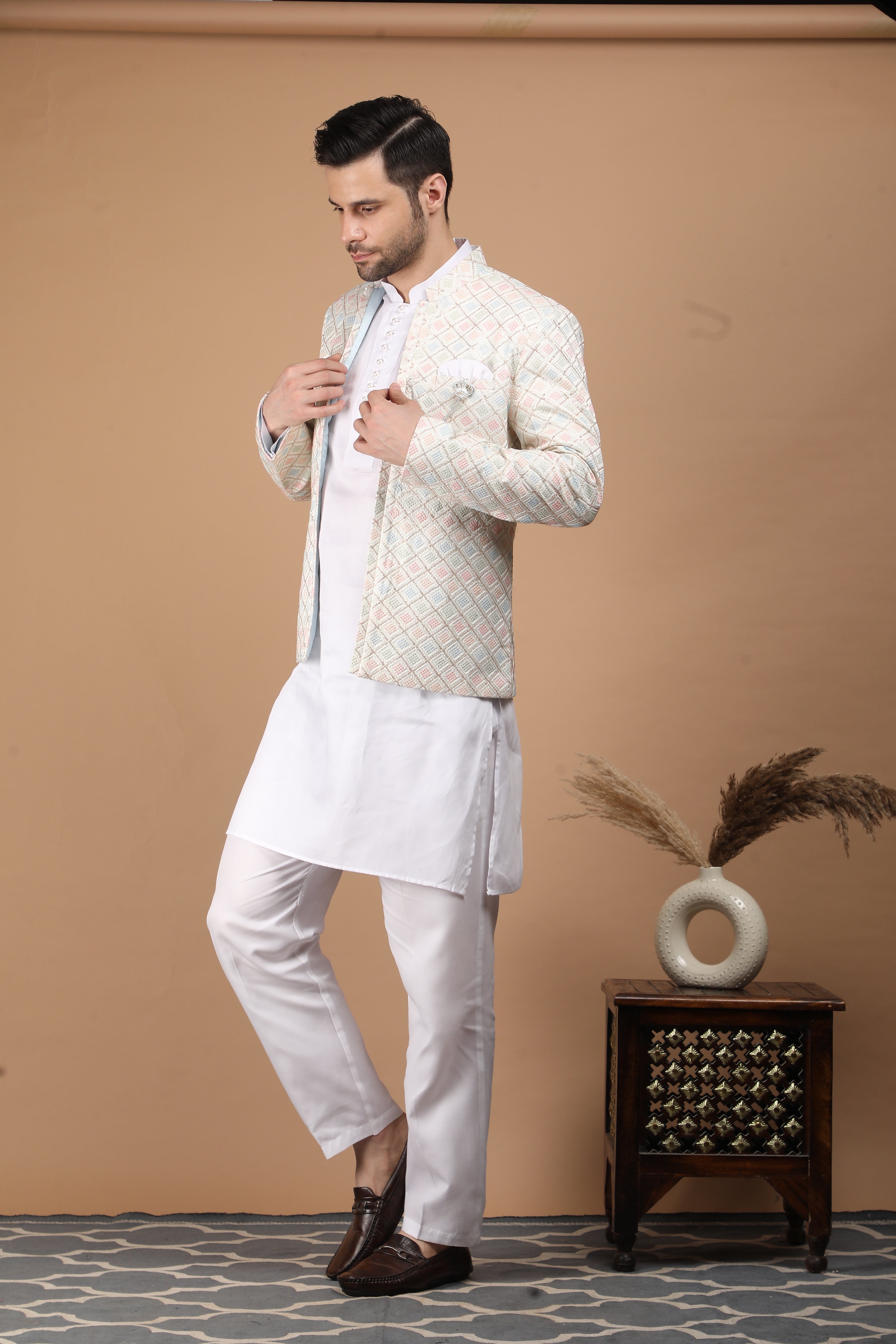 Cream Multicolor Silk Nehru Jacket Set