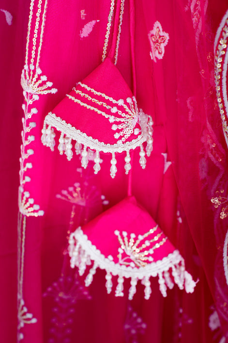 Pink Thread Embroidered Net Lehenga