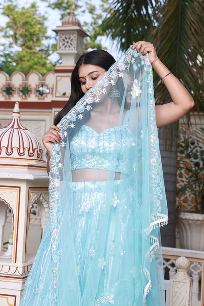 Sky Blue Embroidered Net Lehenga